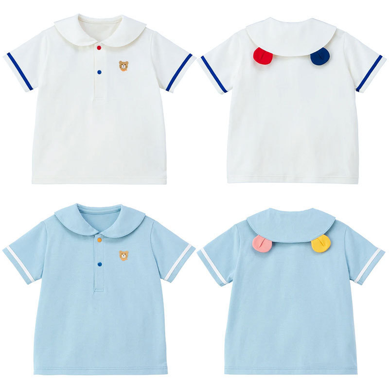 Ready Stock Shirt T-Shirt for Boys and Girls Cute Pitted Bear Navy Short-Sleeved Shirt with Polo Shirt Inside