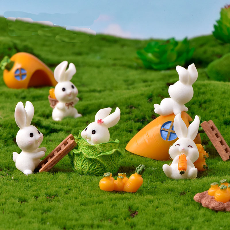 Rabbit paradise micro landscape ornaments cute cartoon animal carrot rabbit house adorable rabbit garden resin accessories