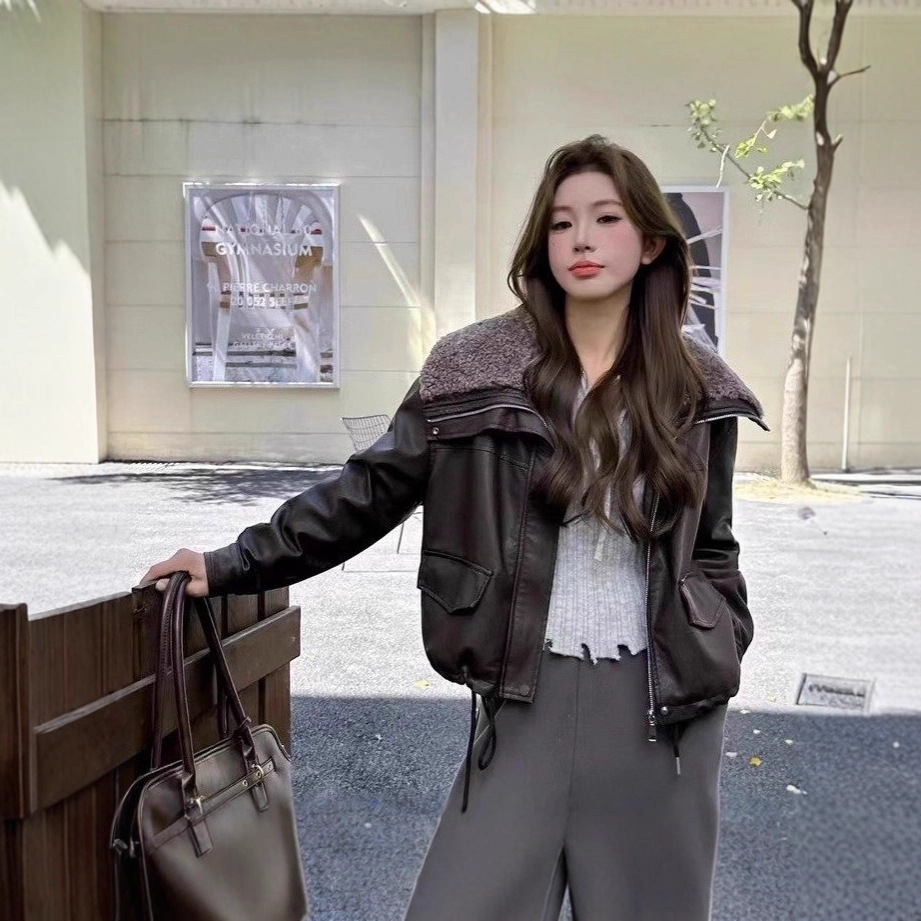 Women's 2025 Winter Retro Lapel Motorcycle Style Loose Pu Fashion Black down Jacket Leather Jacket Jacket