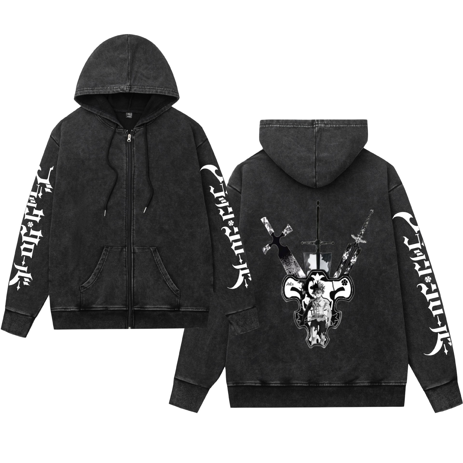 Comercio exterior lavado y desgastado suéter retro con capucha cremallera trébol de cuatro hojas negro estampado hombres y mujeres