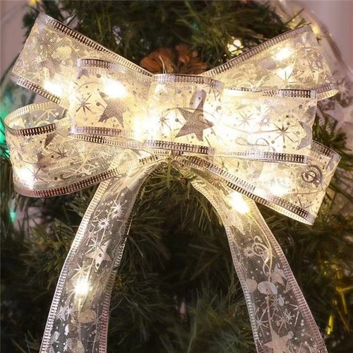 跨境新款led铜线灯丝带灯串蝴蝶结彩带丝绸灯串圣诞树道具装饰灯