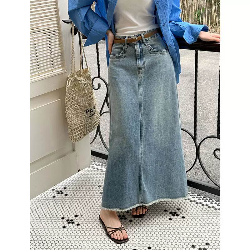 橘芷春夏新款韩系牛仔半身裙女高腰显瘦毛边中长款包臀鱼尾裙1109