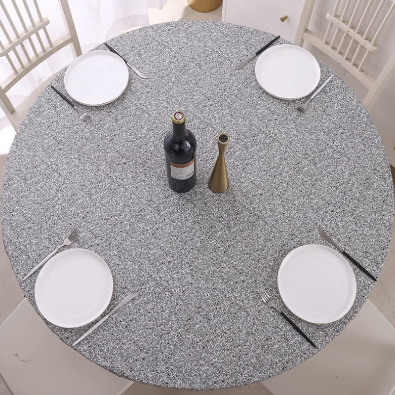 Mantel redondo de PVC transfronterizo impermeable y a prueba de aceite forrado de vellón grueso transparente impreso mantel de plástico banda elástica mantel de grano de madera