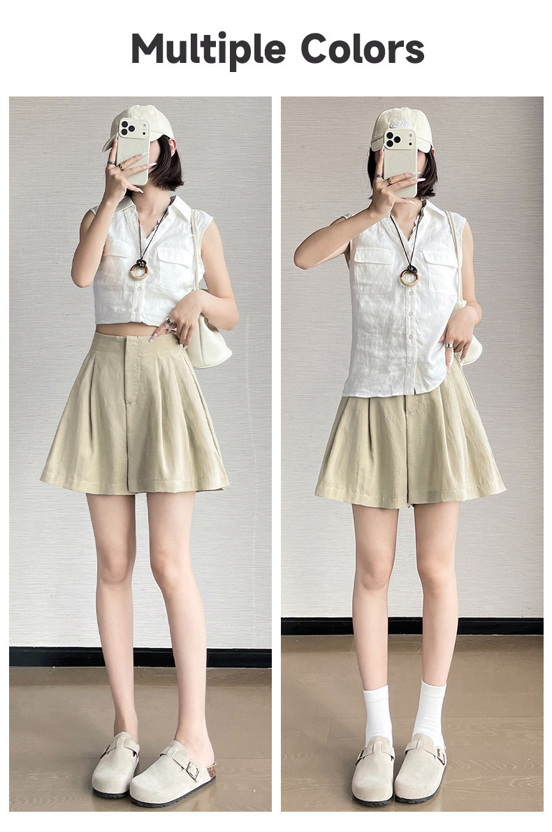 Quần short nữ vải lanh cạp cao ống rộng dáng suông mùa hè — màu đen chi tiết 24