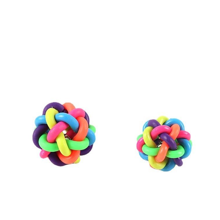 Juguete para mascotas colorido campana tejida bola juguete para mascotas campana bola Arco Iris goma bola para mascotas en stock al por mayor