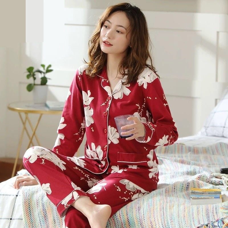 Primavera y otoño 100% pijamas de algodón de manga larga de las mujeres más tamaño cardigan traje de mediana edad y ancianos ropa de casa invierno