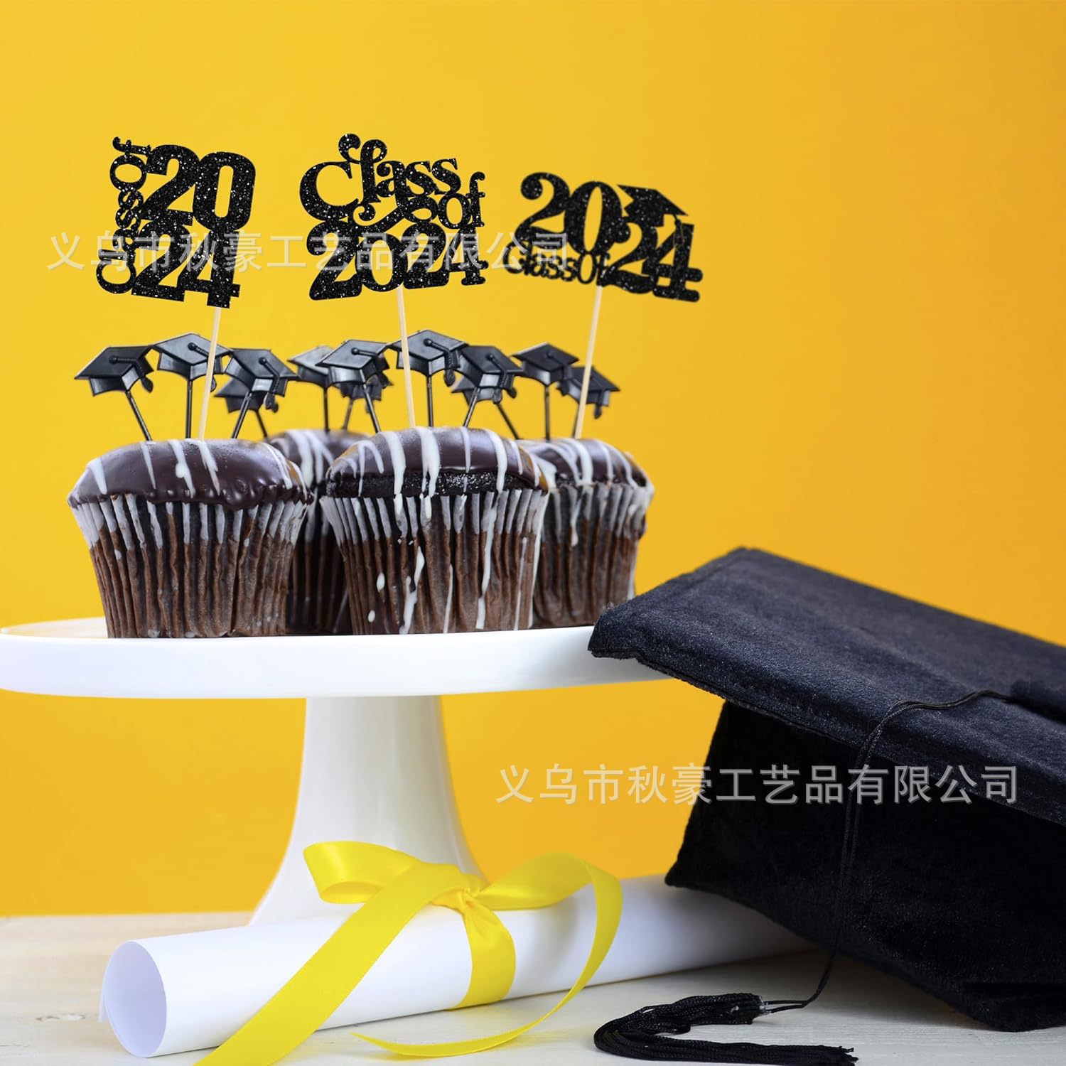 Temporada de graduación transfronteriza 2024 nueva taza de papel de sombrero de licenciatura 30 piezas Paquete de decoración de pastel Flash personalizado