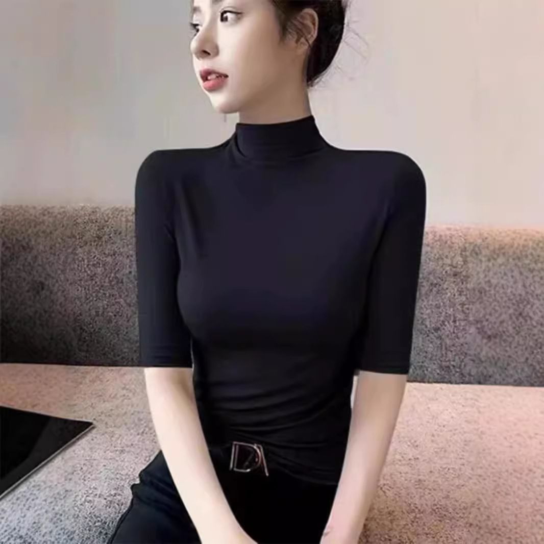 반 높이 칼라 반소매 티셔츠 여성용 봄과 가을 모달 스레드 미드 슬리브 티셔츠 슬림 핏 내베이스 셔츠 탑