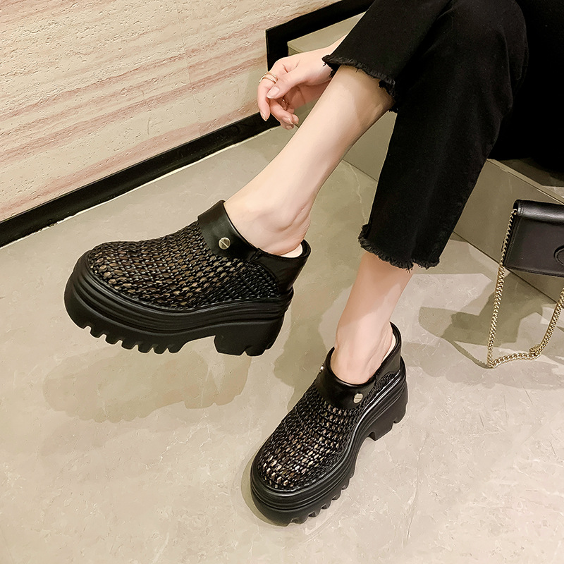 Dép lê đế xuồng cao gót siêu cao 15 cm, xăng đan bít mũi rỗng thoáng khí mùa hè, tăng chiều cao bên trong — Màu trắng be 15cm, Màu bạc 10cm, Màu trắng be 10cm, Màu bạc 12cm