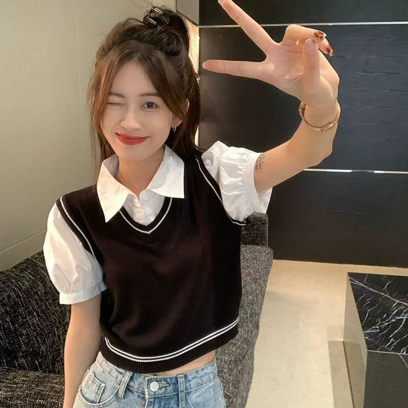 Поддельные две короткие рубашки женская летняя 2022 новый дизайн Конструктор сшивания тонкая рубашка с короткими рукавами