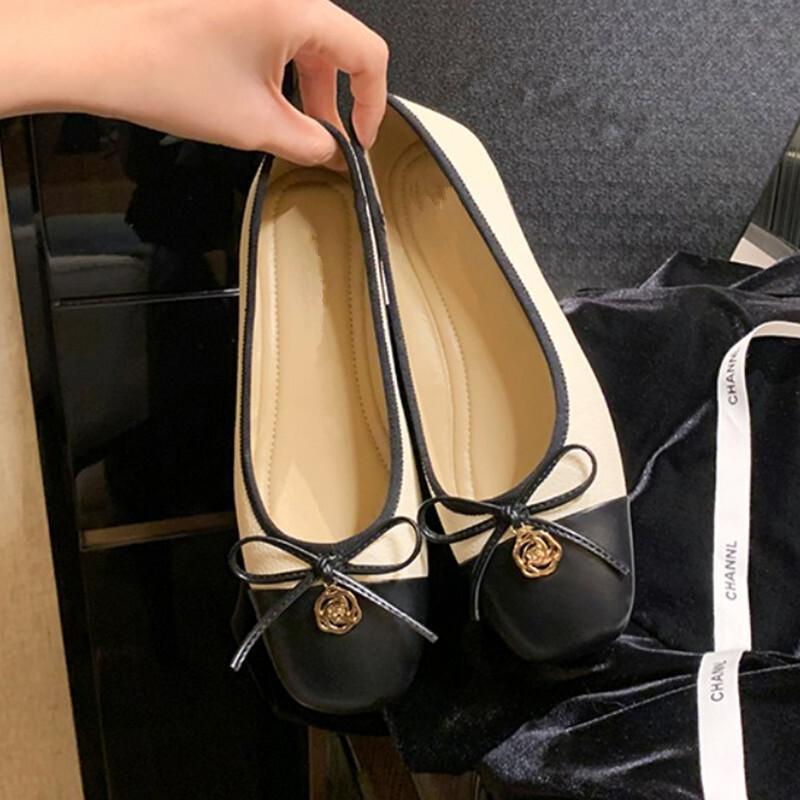 2025春秋小香风方头蝴蝶结浅口单鞋拼色一脚蹬内增高芭蕾单鞋小码