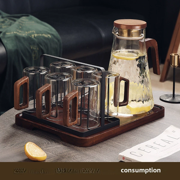 Wooden handle 300ml 6+black cup holder+A type wooden handlebar 1800ml walnut wooden lid+acacia wood tray.