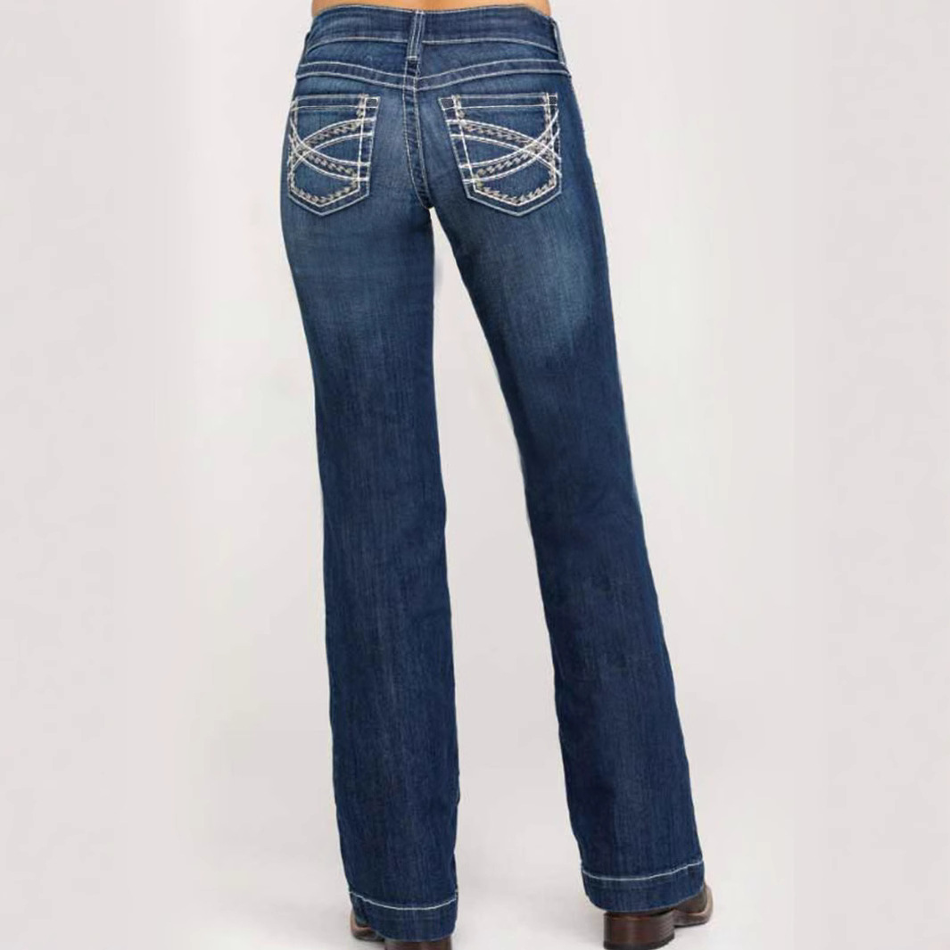 Women's Embroidered Stretch Jeans – Double Waist Straight Leg Denim Pants For Everyday Comfort_voghion.com