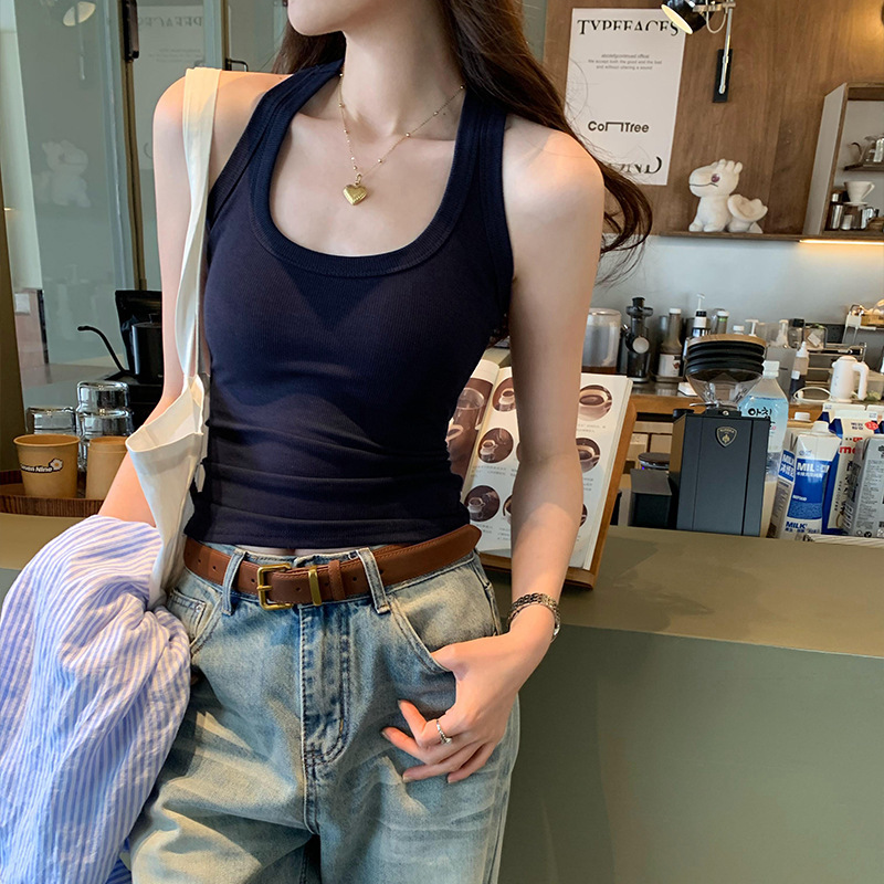 American Style Retro navy blue Threaded U-Neck I-Neck Small Camisole Women's 2025 Summer New Outer Wearing Tight Waist Top
