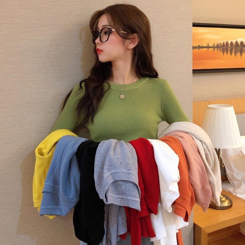 Solid Color Ribbed Knit Base Shirt for Women, Spring and Autumn 2026 New Stylish Sweater, Slim Fit Round Neck Long Sleeve Top