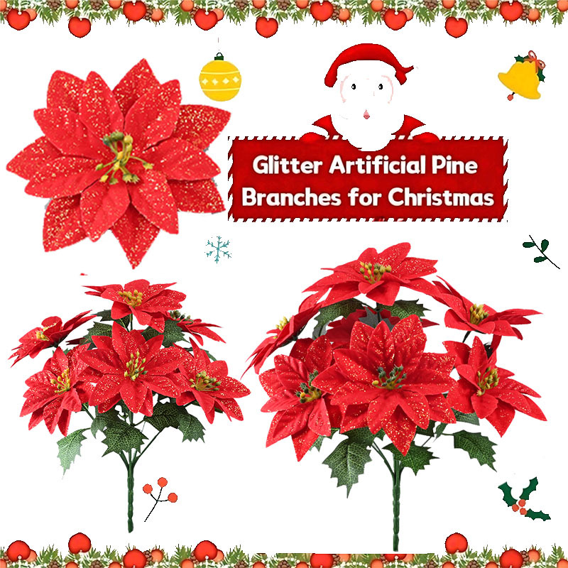 Simulación de flores 7 flores de Navidad flores falsas hojas espinosas una decoración de Navidad poinsettia flores de Navidad explosión