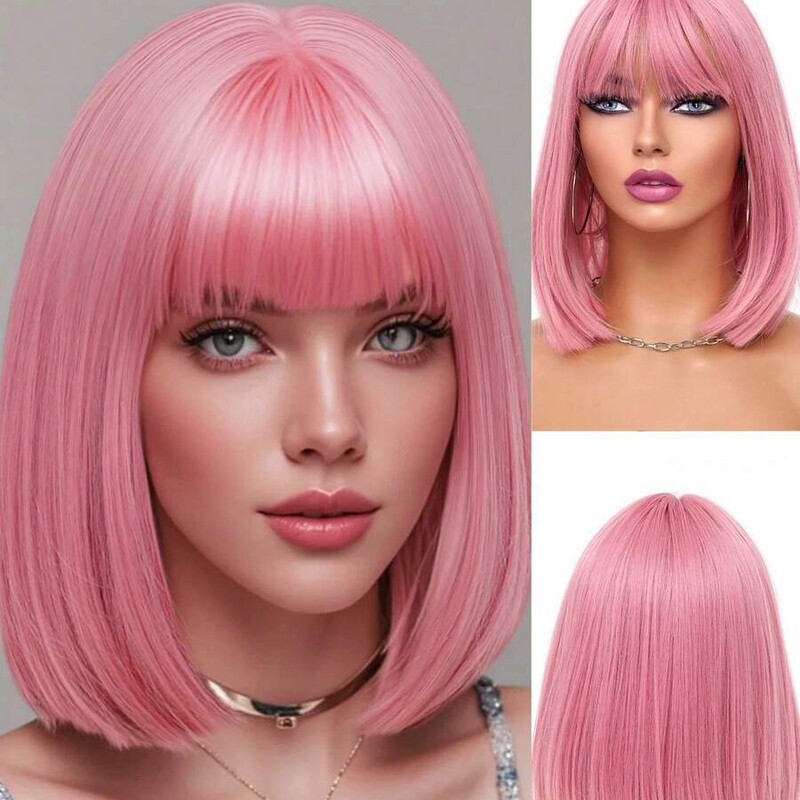 Charming Pink Bob Wig for Women, Short Straight Synthetic Hair Wig