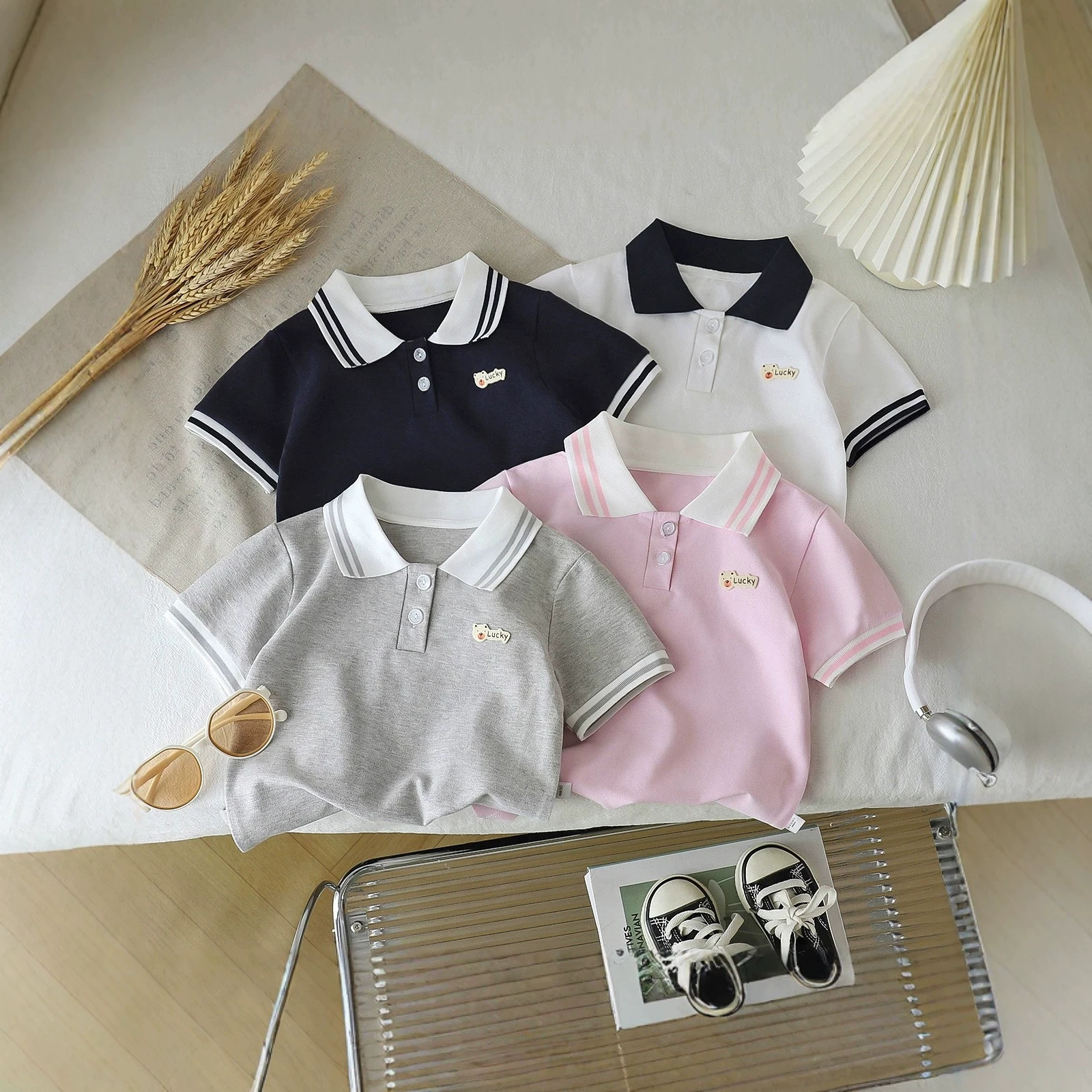 New short-sleeved polo shirt for boys and girls, preppy style, pure cotton.