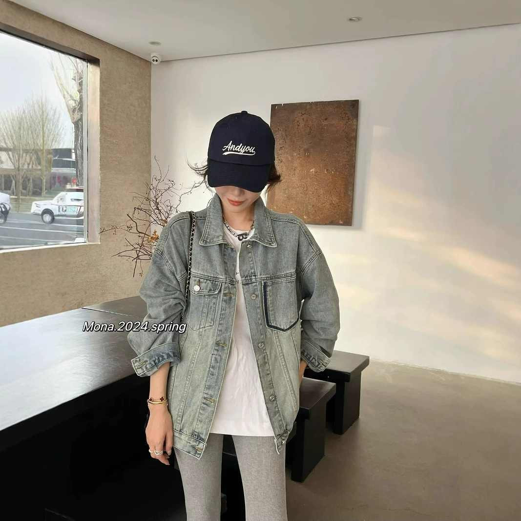 2024 весна и осень новые карманные теневые большие джинсовые куртки женские корейские свободные дикие куртки топ