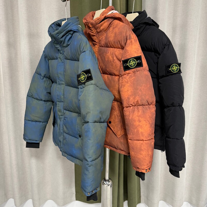 St Cross-Border Stone Tie-Dye Vintage Detachable Hooded Checkered Quilted Loose-Fit Thickened Men's down Jacket