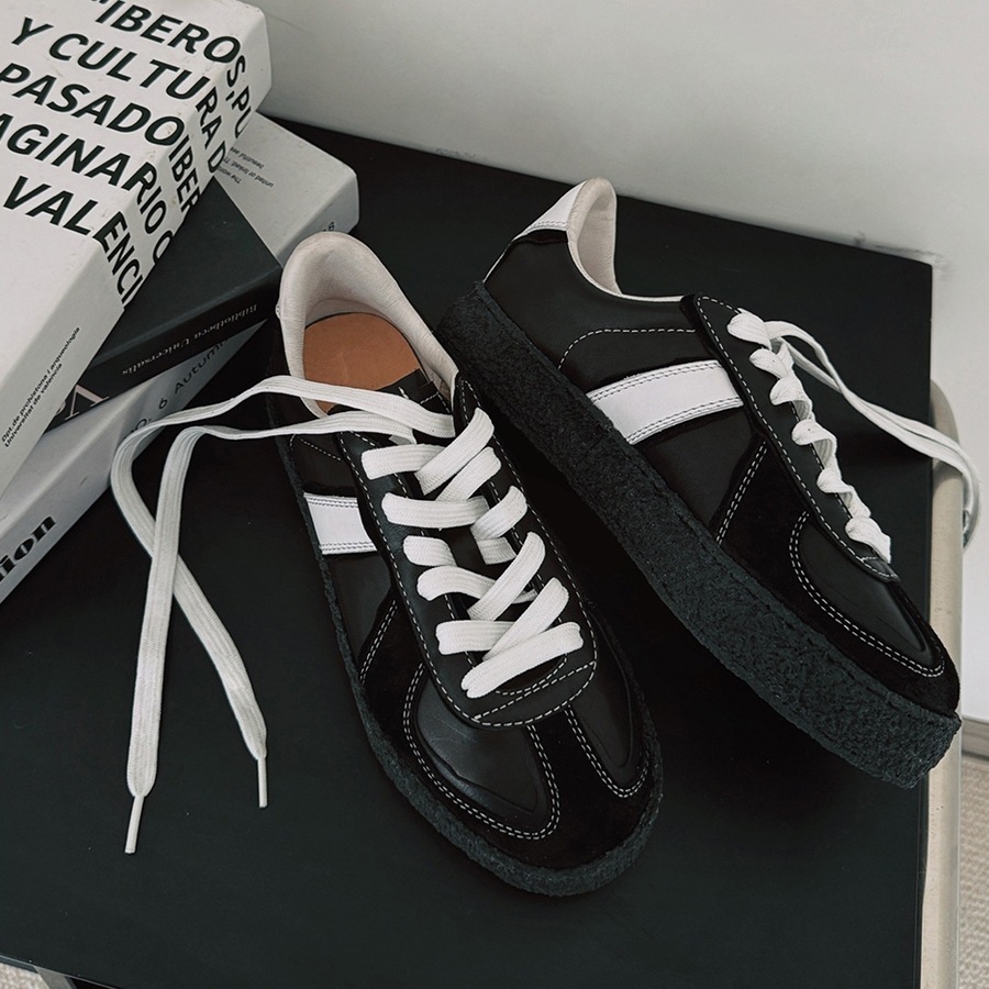 niche zwarte Duitse training voor dames, dikke zool ronde neus veter leren sport- en vrijetijdsschoenen,_voghion.com