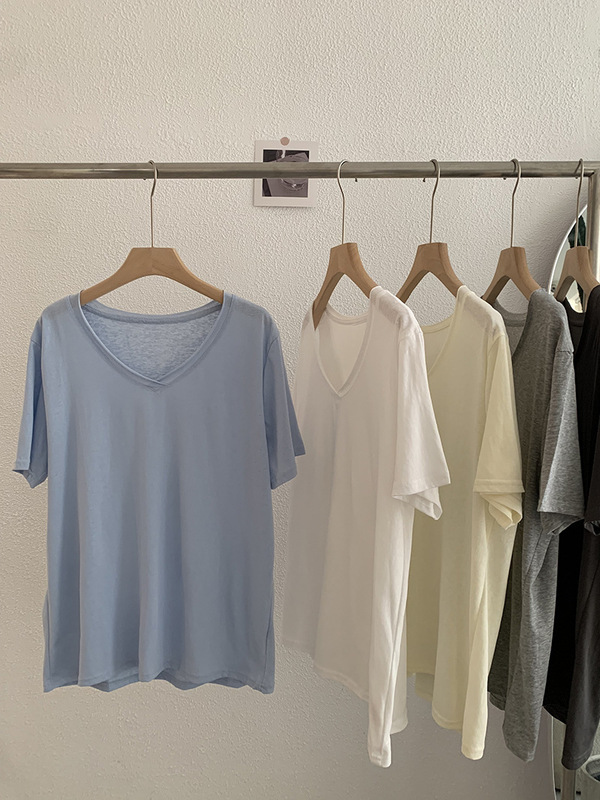 Omalai リラックススノーフレークテクスチャカールVネック半袖ルーズTシャツトップスルーズスリミング無地4103|undefined