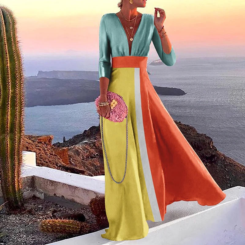 Fashionable Long Sleeve Deep V-Neck Color-Block Party Dress