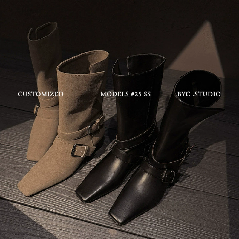 Ретро рыцарские сапоги из воловьей кожи в корейском стиле, короткие сапоги до середины икры с квадратным носком и лацканами, осенне-зимние новые сапоги из натуральной кожи, женские сапоги в стиле вестерн