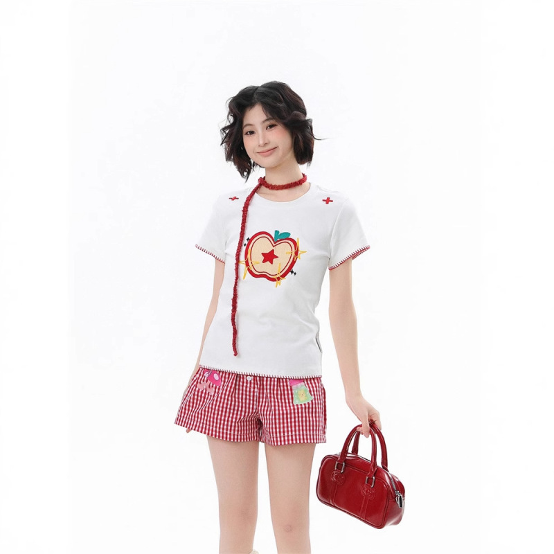 アップル刺繍トップステッチデザイン右肩半袖Tシャツレディース夏新作スリムフィット万能スイートトップ|undefined