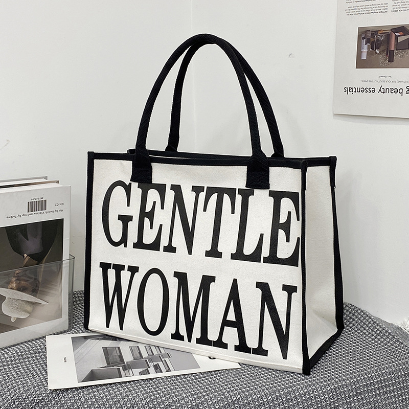 Letras coreanas de color ocio de estilo extranjero 2024 nueva bolsa de lona de hombro de gran capacidad de literatura y arte, bolsa de viento perezosa