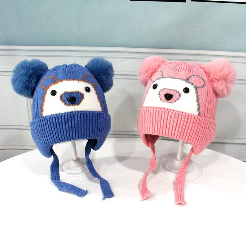 Korean Style Girls' Ear Protection Hats, Boys' Plush Knitted Wool Kidsren's Winter Hats, Baby Double Hair Balls, Cute and Super Cute