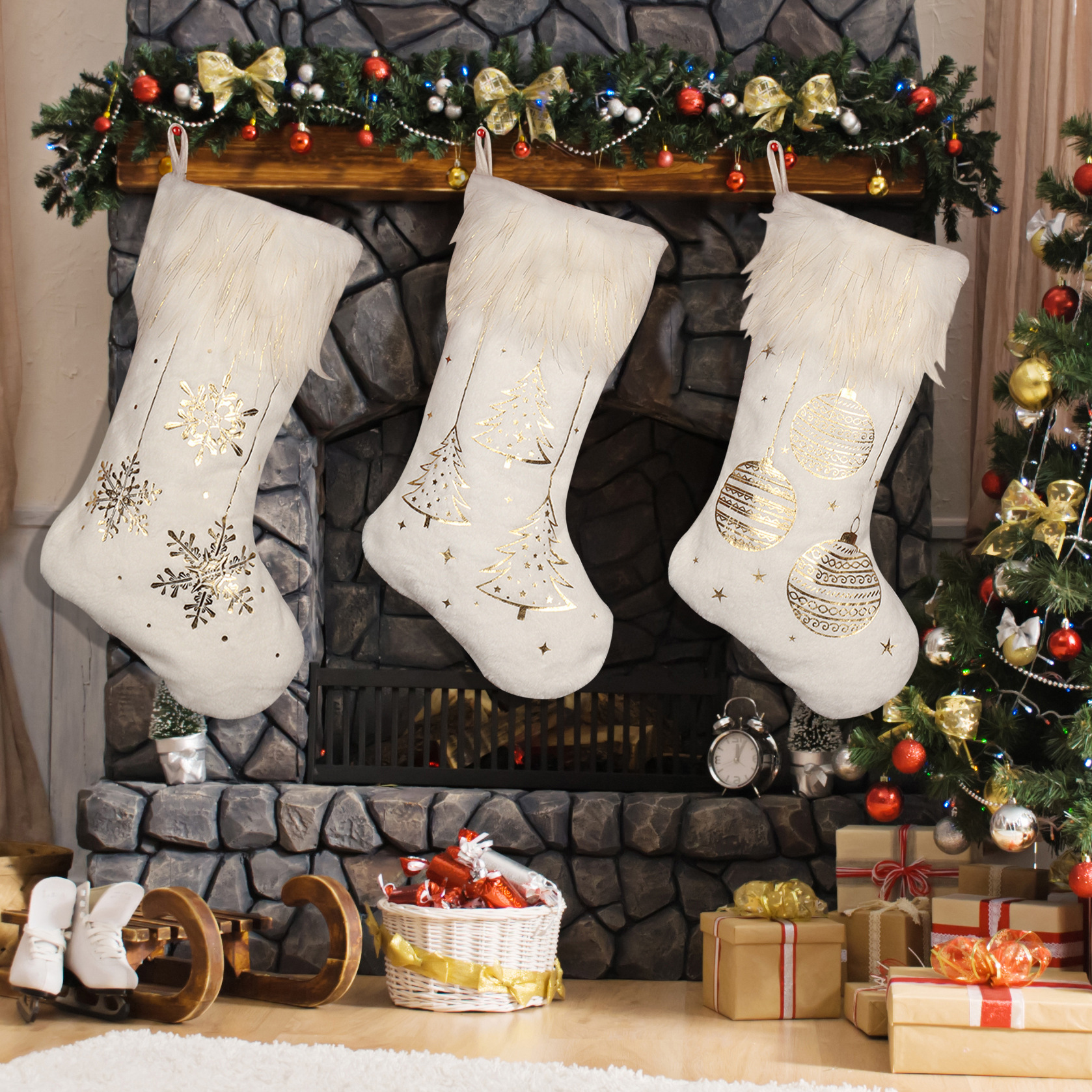 Calcetines de Navidad transfronterizos blancos estampados calcetines de Navidad bolsas de regalo calcetines de decoración de Navidad bolsas de regalo bolsas de dulces para niños