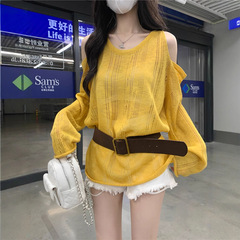 韩系慵懒风宽松百搭防晒衫女2025早秋新款镂空露肩针织长袖上衣