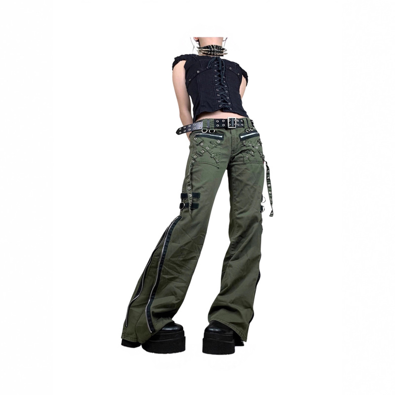 Cross-Border New Style Pants in Stock European and American Flared Women's Punk Style Non-Mainstream Low-Waist Zipper Slit Cargo Pants