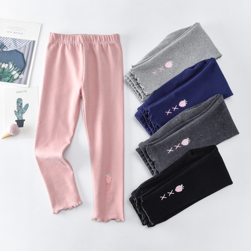 Spring and Autumn Children's Leggings with Strawberry Embroidery, Classic Style, Girls' Pants with Ruffled Edges, New Style for Toddlers and Young Children