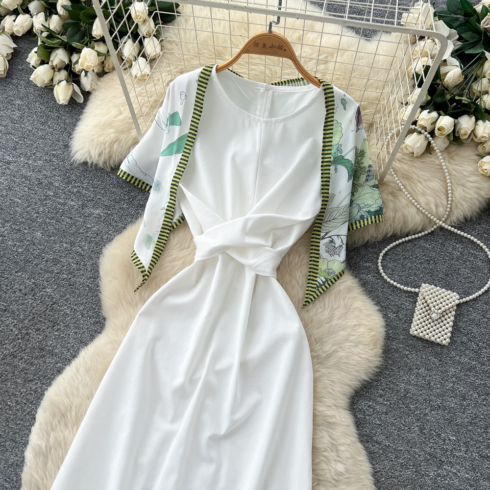Elegant Sleeveless Round Neck Dress Style Summer Asymmetrical Long Dress With Scarf And Slit Sophisticated Tie Waist For Commuting_ecoleips.com