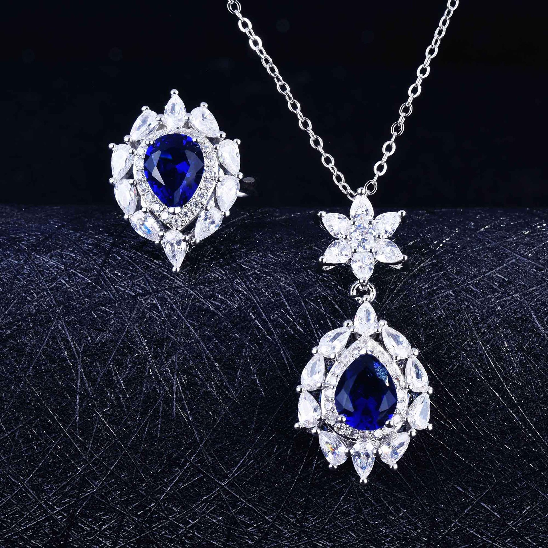 European And American Luxury Imitation Natural Tanzanite Blue Jewellery Drop-shaped Diamond Earrings, Colorful Ring Pendants display picture 9