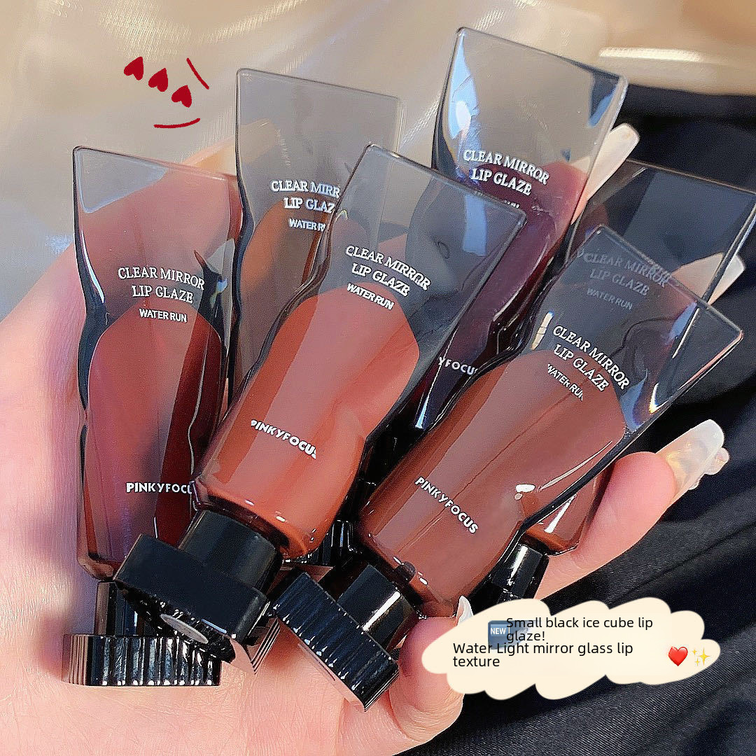 Pinkyfocus Black Mirror Lip Glaze Mirror Water Gloss Long-Lasting Not Easy to Fade Film-Forming Transparent Ice Cube Lip Mud for Women