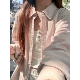 松弛感Polo领薄款亚麻衬衫女防晒上衣春夏季外搭慵懒休闲宽松长袖