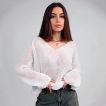 俄罗斯跨境欧美风2026春夏秋季针织女防晒衫V领纯色镂空薄款罩衫