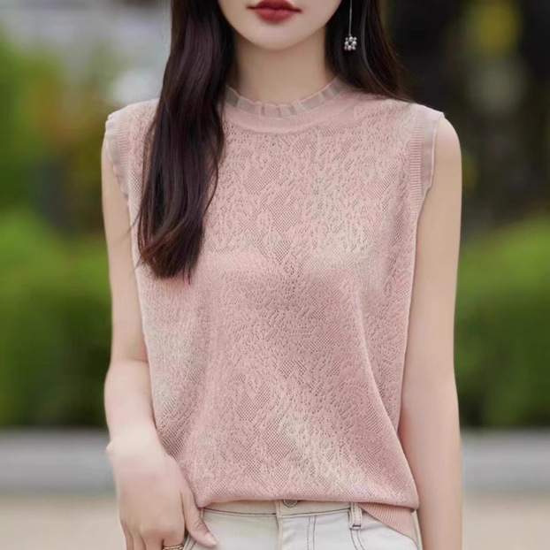 Spring and Autumn New High Neck Sweater Women's Lace Lace Hollow Top Pullover Thin Sleeveless Vest Base Inner Rim