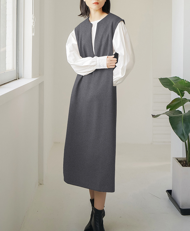Real Shot Letian Autumn Winter 4 Color Woolen Coat Women V neck Solid Color Sleeveless Waistcoat Dress Outer Wear