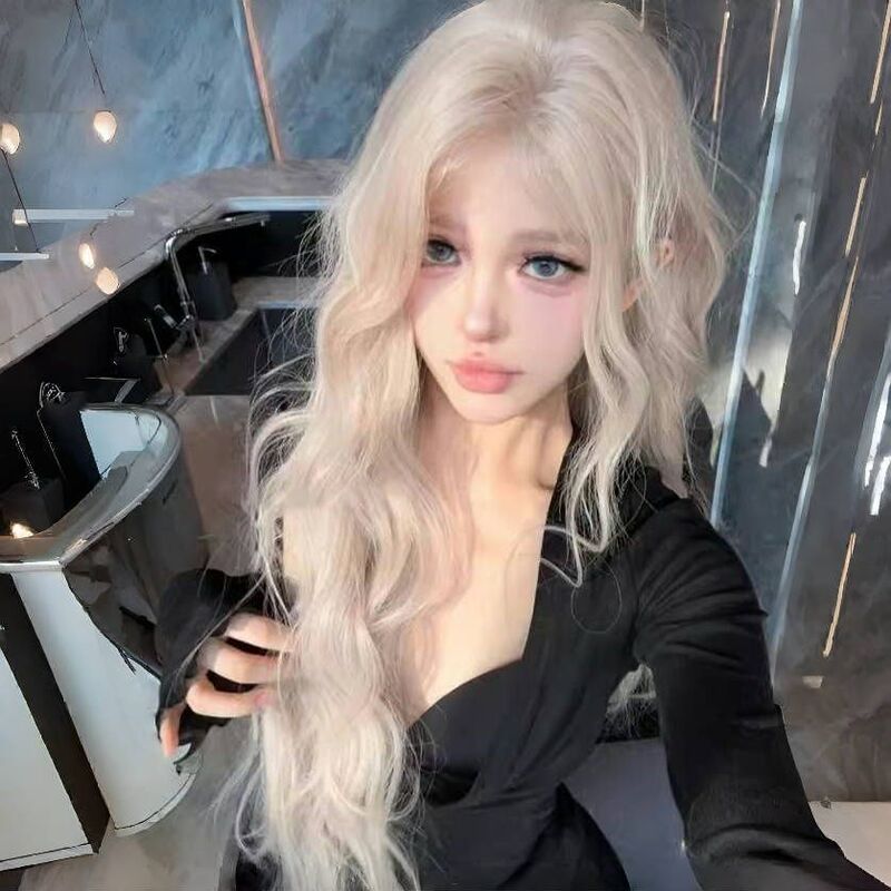 Wig [Cream Pink White] Lace Big Head Pink Platinum Internet Celebrity Fluffy Long Curly Wig Women's Headgear