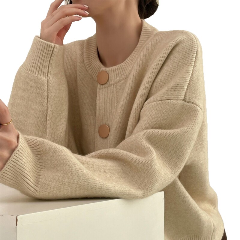 毛衣女圆领2025秋冬季新款韩版设计感单排扣纯色休闲针织开衫外套|undefined