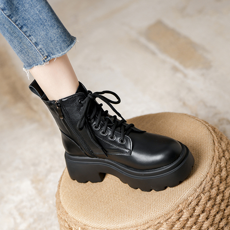 Ultra-Light Thick-Soled Small Size Boots for Women 2025 New Short-Tube British Style Boots 5-Hole Strap Side Zipper Boots