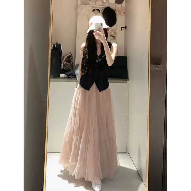 新しい夏ピンクガーゼスカートハイウエストニッチミッドレングスメッシュスカート女性のためのスーパーフェアリーアンブレラスカートドレープ送料無料|undefined