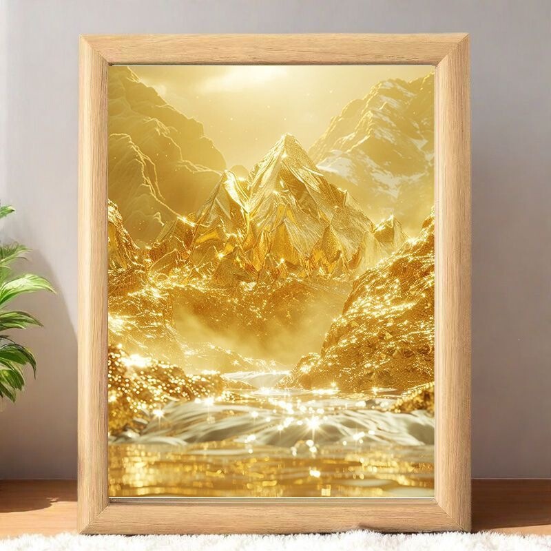 Landscape Painting with Mountain Scenery, Golden Mountain Ornament, Desktop Golden Decorative Painting, Mini Treasure-Attracting Sunlit Golden Mountain by