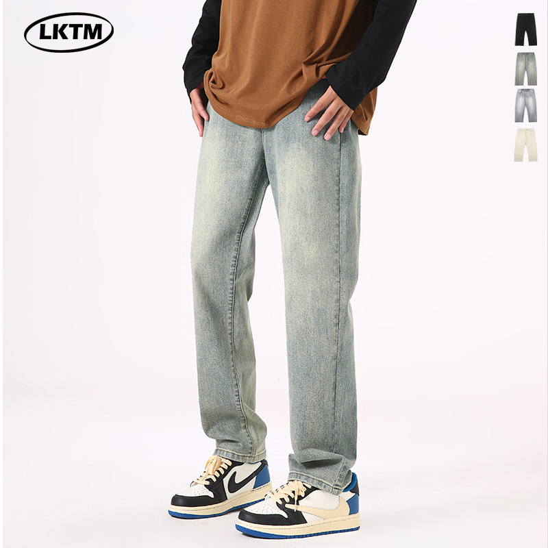 LKTM Men's# American Basic Stretch Jeans Men's High Street Retro Straight Trendy Casual All-match Pants