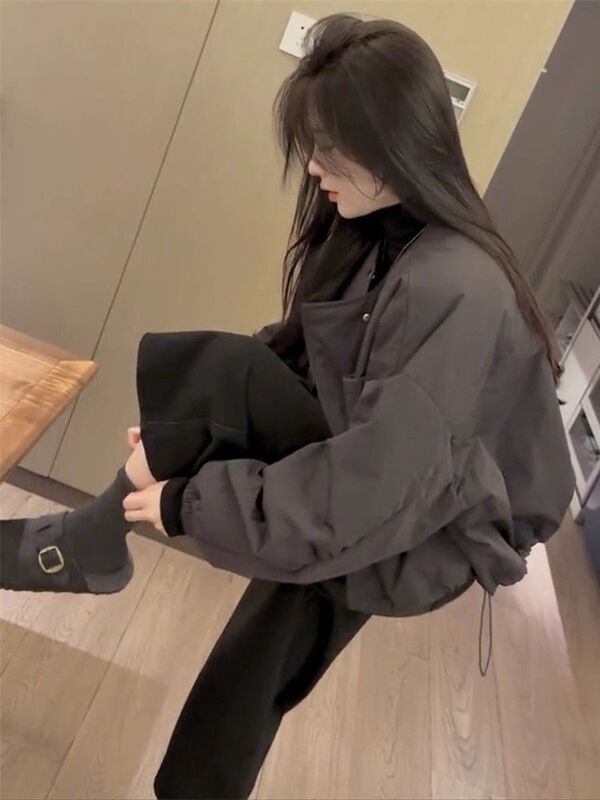 Autumn and Winter New Trendy Thin Cotton Jacket Short Coat for Women European Style Shell Round Neck Snap Loose Cotton Clothing