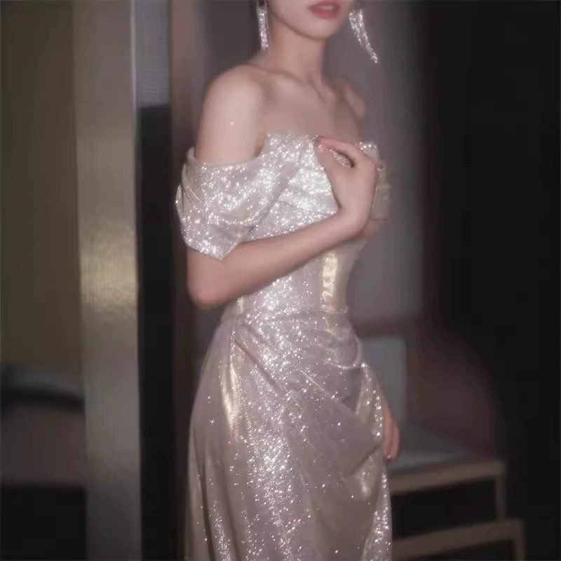 Вечернее платье, серебряные ногтевые sequins для невесты, открытые плечи, новая коллекция